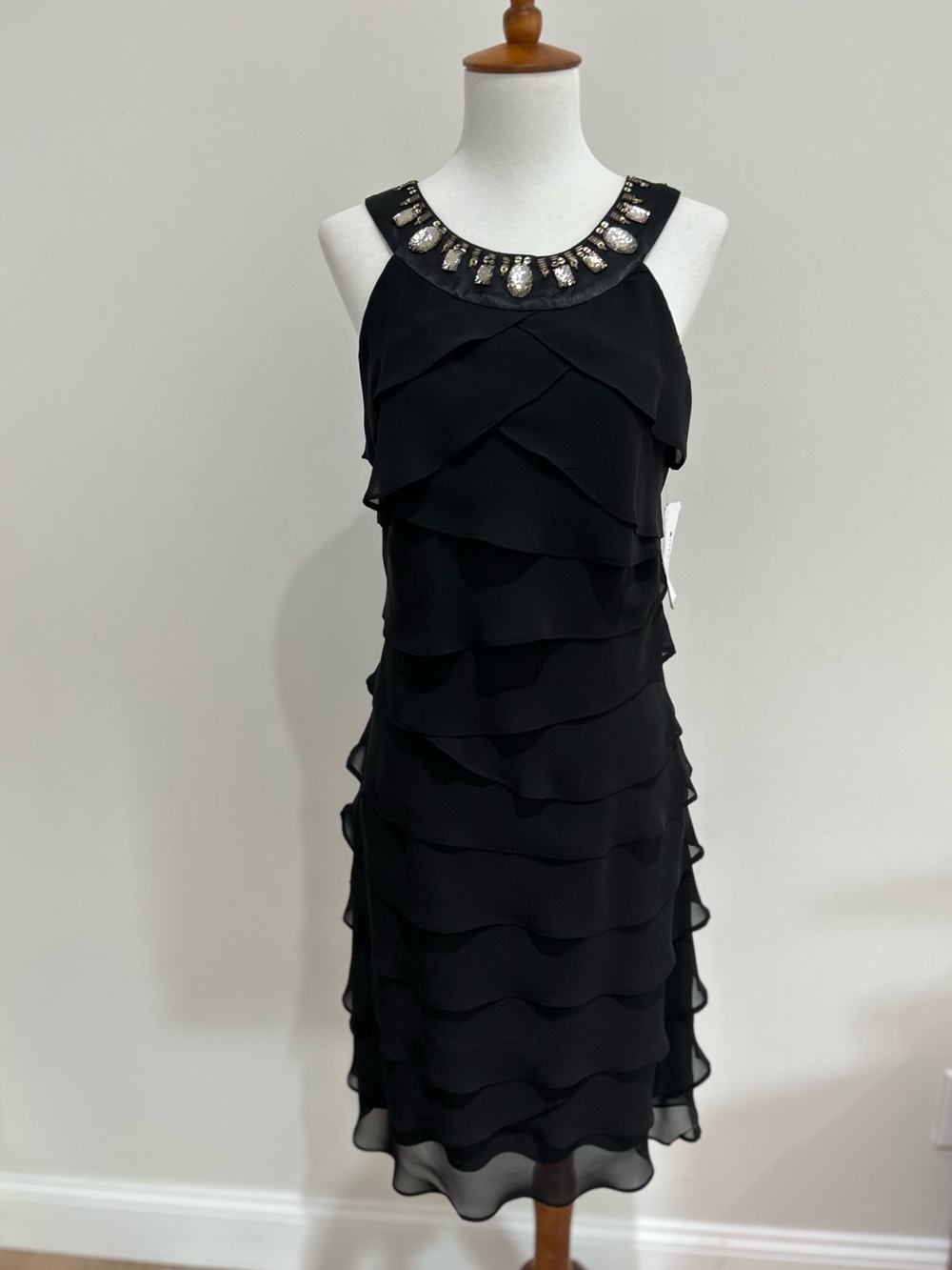 S.L. Fashions Black Sleeveless Chiffon Tiered Rhinestone Neckline MIDI Dress 8